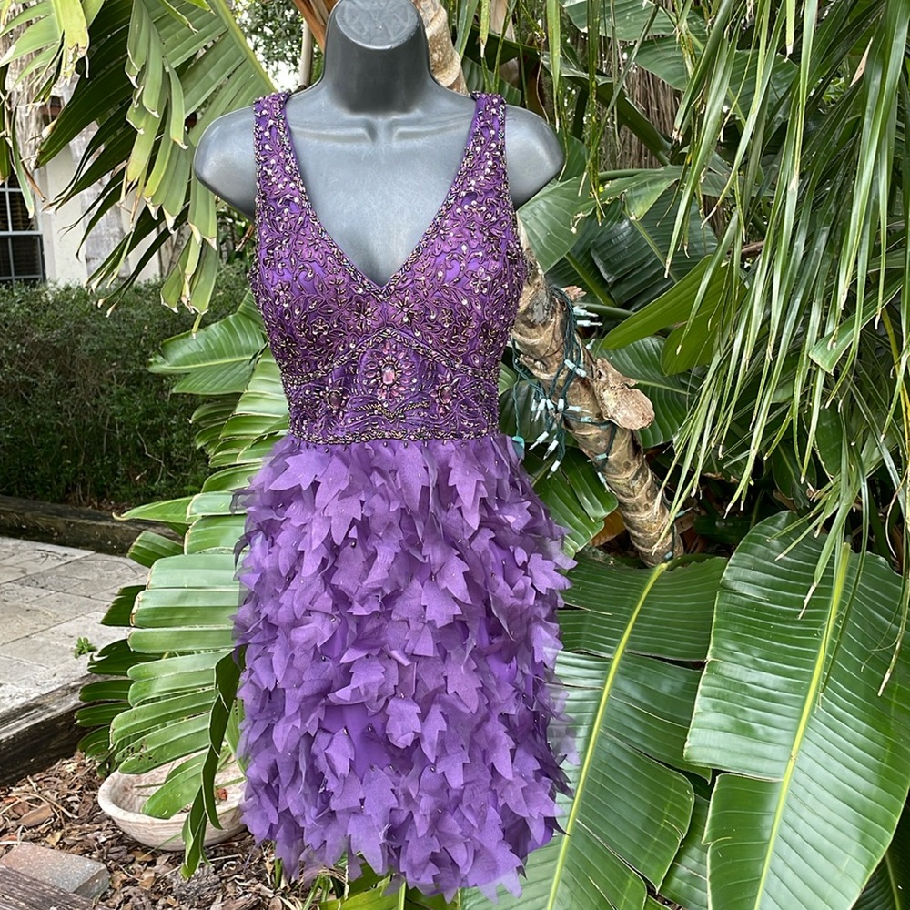 sue Wong nocturne beaded three-dimensional fringe cocktail dress